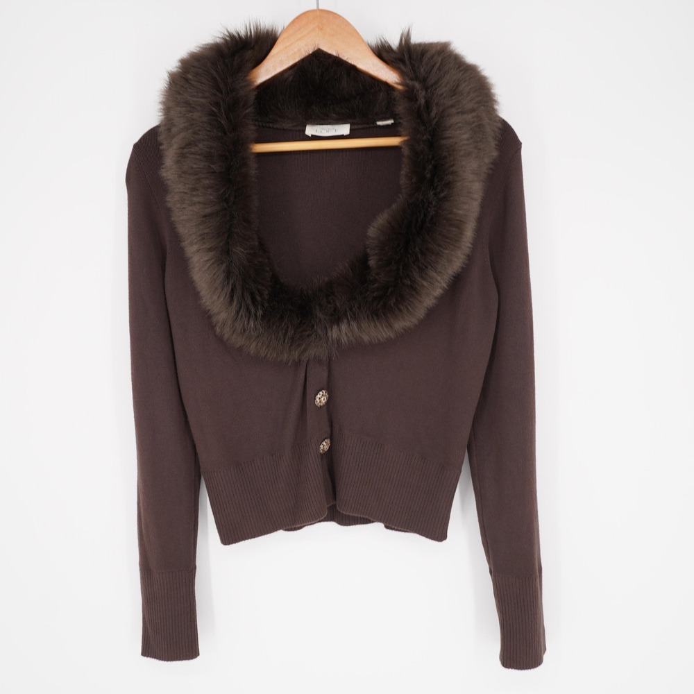 Vtg Ann Taylor Loft Cardigan 90s M Brown Faux Fur Collar Knit Jewel Buttons